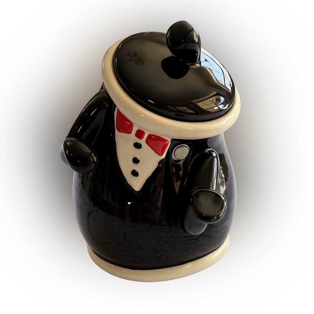Tuxedo Ceramic Canister Jar with Red Bow Detail